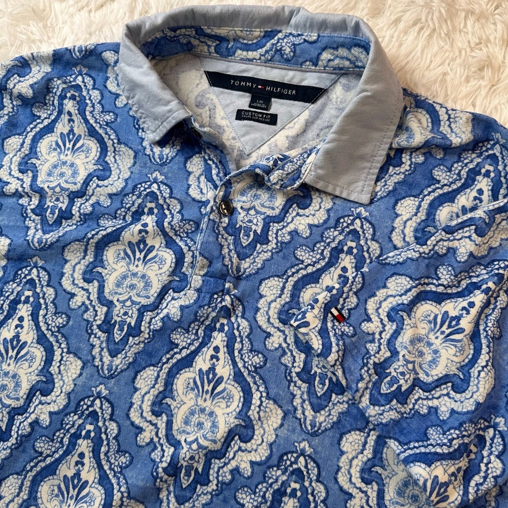 Tommy Hilfiger Men’s Large Blue White Medallion Print Polo Shirt Custom Fit
